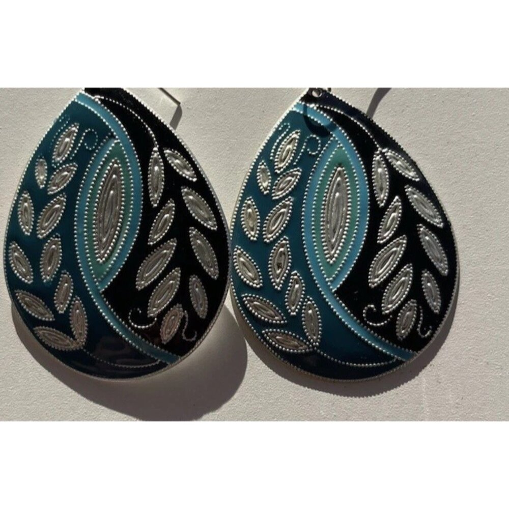 Vintage Women’s Leaf Shell Detail Earrings Dangle Drop Blue Silver Boho Western - Picture 8 of 8